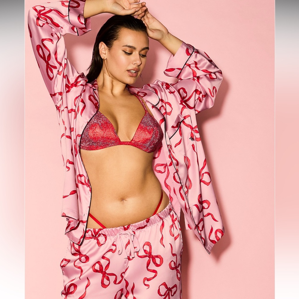 VS CHALK ROSE BOWS GLAZED SATIN PAJAMA SET w/ MATCHING TOTE & BLANKET SIZE LARGE - Picture 10 of 10